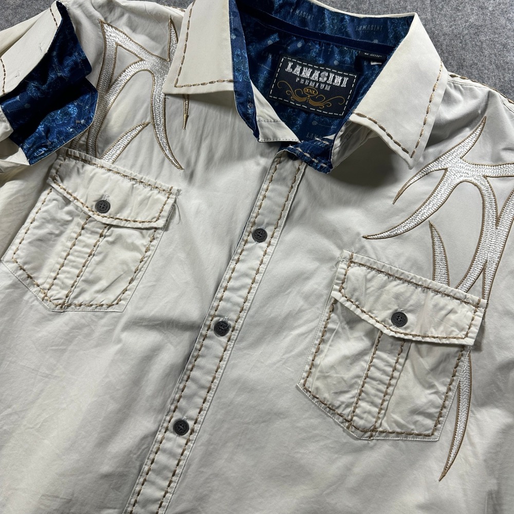 Lamasini Button Down Shirt Mens 2XL Beige Embroidered Western Tribal‎ LS Flaw